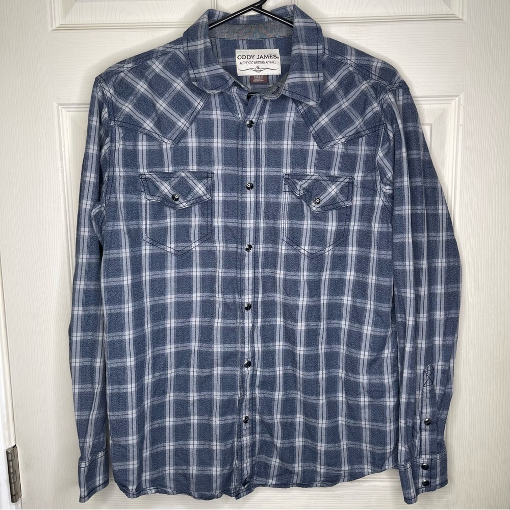 Cody James Authentic Western Shirt Mens Plaid Blue Pearl Snaps L/S Pocket Sz S